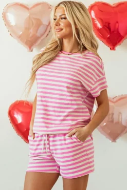 Discount Dear-Lover Crew Neck T Shirt and Drawstring Shorts Set Rose Stripe