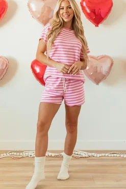 Discount Dear-Lover Crew Neck T Shirt and Drawstring Shorts Set Rose Stripe