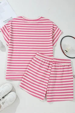 Discount Dear-Lover Crew Neck T Shirt and Drawstring Shorts Set Rose Stripe