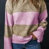 Clearance Dear-Lover Crew Neck Wide Sleeve Colorblock Sweater Rose Stripe