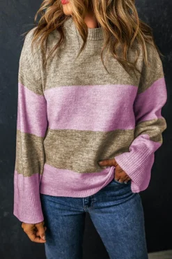 Clearance Dear-Lover Crew Neck Wide Sleeve Colorblock Sweater Rose Stripe