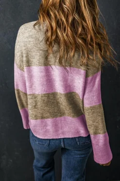 Clearance Dear-Lover Crew Neck Wide Sleeve Colorblock Sweater Rose Stripe
