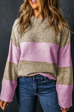 Clearance Dear-Lover Crew Neck Wide Sleeve Colorblock Sweater Rose Stripe