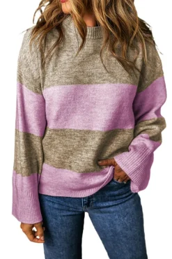 Clearance Dear-Lover Crew Neck Wide Sleeve Colorblock Sweater Rose Stripe