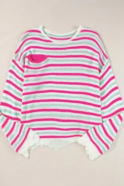 Best Dear-Lover Oversized Drop Shoulder Sweater with Pocket Rose Stripe