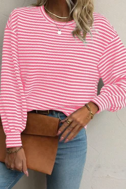 Sale Dear-Lover Round Neck Drop Shoulder Long Sleeve Top Rose Stripe