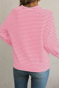 Sale Dear-Lover Round Neck Drop Shoulder Long Sleeve Top Rose Stripe