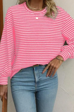 Sale Dear-Lover Round Neck Drop Shoulder Long Sleeve Top Rose Stripe