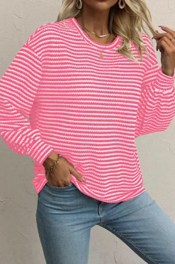 Sale Dear-Lover Round Neck Drop Shoulder Long Sleeve Top Rose Stripe