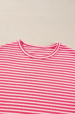 Sale Dear-Lover Round Neck Drop Shoulder Long Sleeve Top Rose Stripe