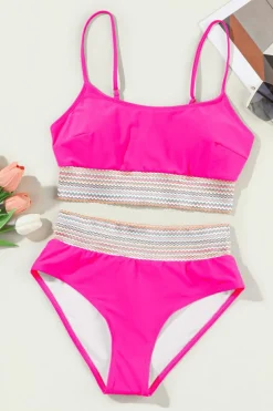 Discount Dear-Lover Striped Patchwork Spaghetti Strap High Waist Bikini Swimsuit Rose