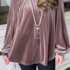Clearance Dear-Lover Button Keyhole Back Velvet Swing Top Rose Tan