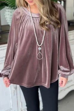 Clearance Dear-Lover Button Keyhole Back Velvet Swing Top Rose Tan