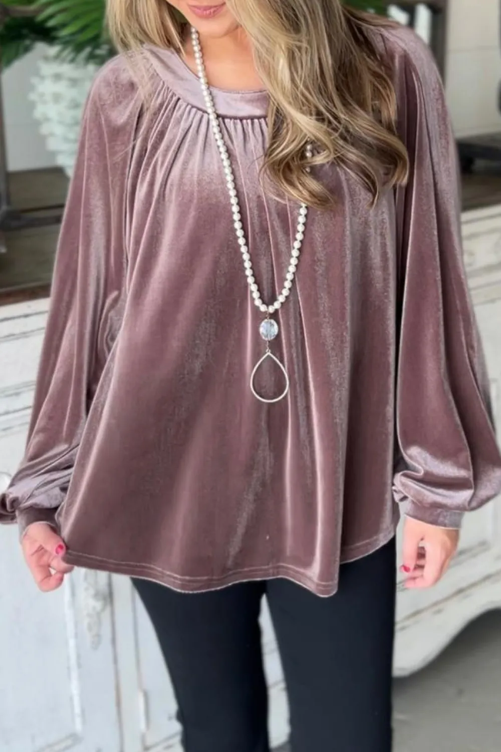 Clearance Dear-Lover Button Keyhole Back Velvet Swing Top Rose Tan
