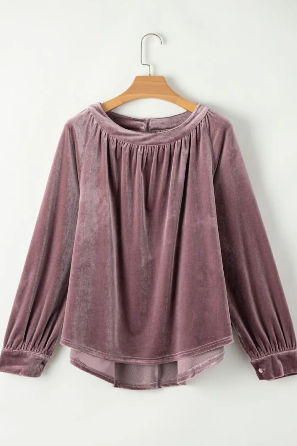 Clearance Dear-Lover Button Keyhole Back Velvet Swing Top Rose Tan