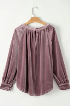 Clearance Dear-Lover Button Keyhole Back Velvet Swing Top Rose Tan