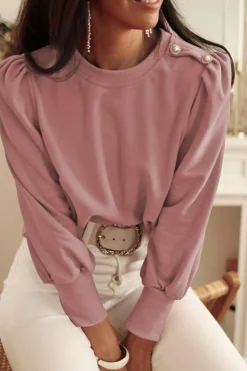 New Dear-Lover Button Tab Detail Long Sleeve Top Rose Tan