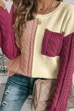 Hot Dear-Lover Colorblock Patched Pocket Drop Shoulder Sweater Rose Tan
