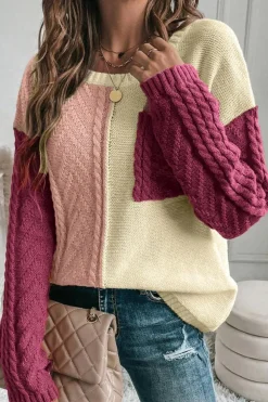 Hot Dear-Lover Colorblock Patched Pocket Drop Shoulder Sweater Rose Tan