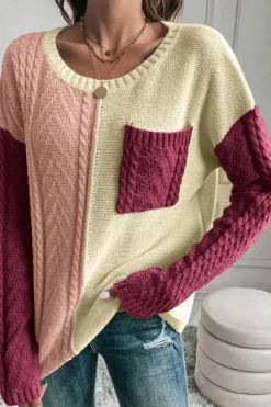 Hot Dear-Lover Colorblock Patched Pocket Drop Shoulder Sweater Rose Tan