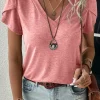 Discount Dear-Lover Fashion Petal Sleeve V Neck T Shirt Rose Tan