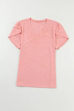Discount Dear-Lover Fashion Petal Sleeve V Neck T Shirt Rose Tan