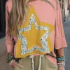 Fashion Dear-Lover Floral Starbust Exposed Seam Mineral Wash Top Rose Tan