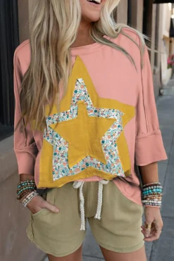 Fashion Dear-Lover Floral Starbust Exposed Seam Mineral Wash Top Rose Tan