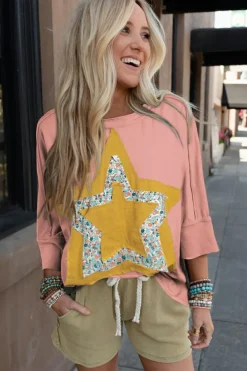 Fashion Dear-Lover Floral Starbust Exposed Seam Mineral Wash Top Rose Tan