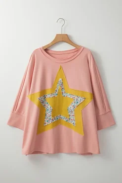 Fashion Dear-Lover Floral Starbust Exposed Seam Mineral Wash Top Rose Tan