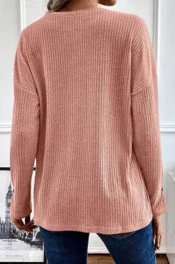 Sale Dear-Lover Rib Textured Henley Knit Top Rose Tan