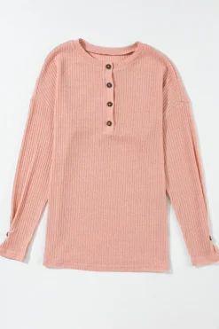 Sale Dear-Lover Rib Textured Henley Knit Top Rose Tan