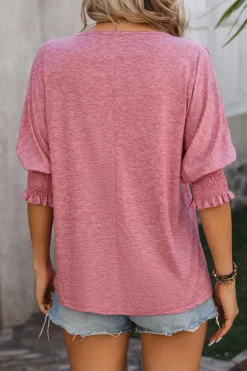 Best Dear-Lover Smocked Puff Sleeve Notched Neck T Shirt Rose Tan