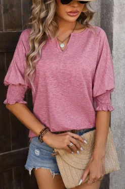 Best Dear-Lover Smocked Puff Sleeve Notched Neck T Shirt Rose Tan