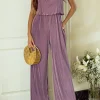 Sale Dear-Lover Solid Self Tied Straps Pleated Wide Leg Jumpsuit Rose Tan
