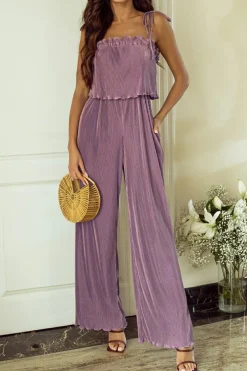 Sale Dear-Lover Solid Self Tied Straps Pleated Wide Leg Jumpsuit Rose Tan
