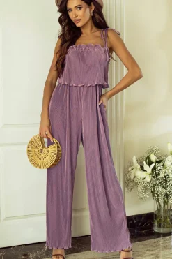 Sale Dear-Lover Solid Self Tied Straps Pleated Wide Leg Jumpsuit Rose Tan