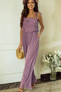 Sale Dear-Lover Solid Self Tied Straps Pleated Wide Leg Jumpsuit Rose Tan