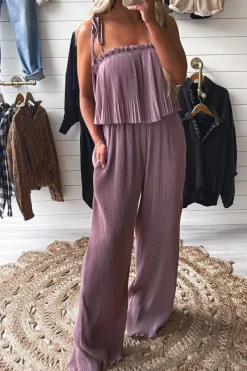 Sale Dear-Lover Solid Self Tied Straps Pleated Wide Leg Jumpsuit Rose Tan