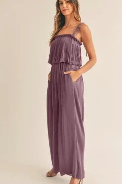 Sale Dear-Lover Solid Self Tied Straps Pleated Wide Leg Jumpsuit Rose Tan