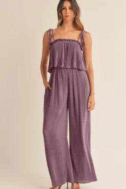 Sale Dear-Lover Solid Self Tied Straps Pleated Wide Leg Jumpsuit Rose Tan