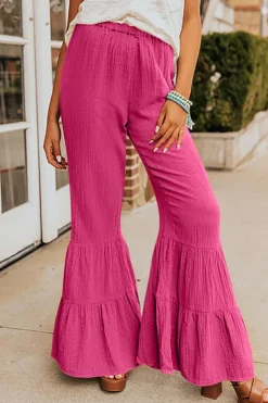 Best Dear-Lover Textured High Waist Ruffled Bell Bottom Pants Rose