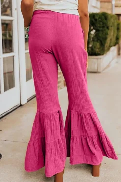 Best Dear-Lover Textured High Waist Ruffled Bell Bottom Pants Rose