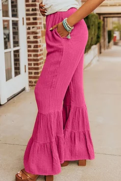 Best Dear-Lover Textured High Waist Ruffled Bell Bottom Pants Rose