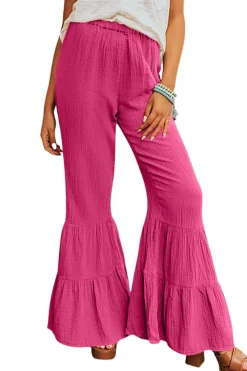 Best Dear-Lover Textured High Waist Ruffled Bell Bottom Pants Rose