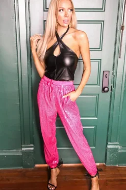 Discount Dear-Lover Tie High Waist Sequin Jogger Pants Rose