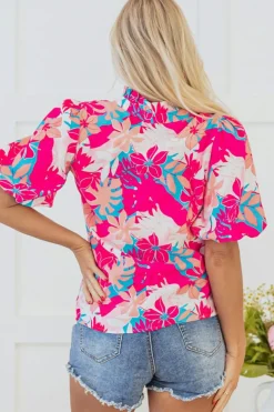 Discount Dear-Lover Tropical Plant Printed V Neck Puff Sleeve Blouse Rose