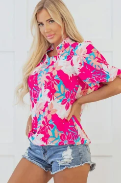 Discount Dear-Lover Tropical Plant Printed V Neck Puff Sleeve Blouse Rose