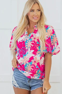 Discount Dear-Lover Tropical Plant Printed V Neck Puff Sleeve Blouse Rose