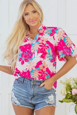 Discount Dear-Lover Tropical Plant Printed V Neck Puff Sleeve Blouse Rose